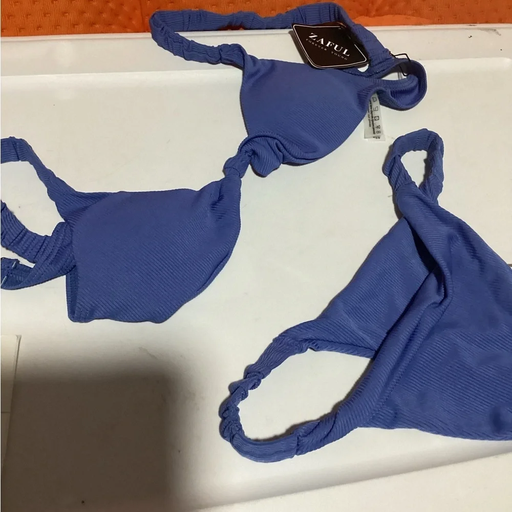 Women’s Two Piece Blue Padded Ribbed Solid Bikini Set NWT Size 6 or S